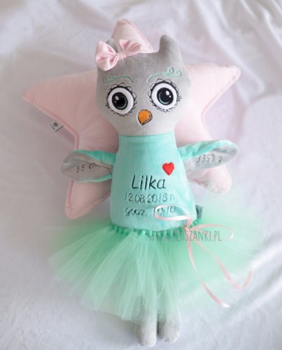 Pani Sowa - Metryczka wzrostu dziecka, maskotka z haftem, chrzest, pamiątka