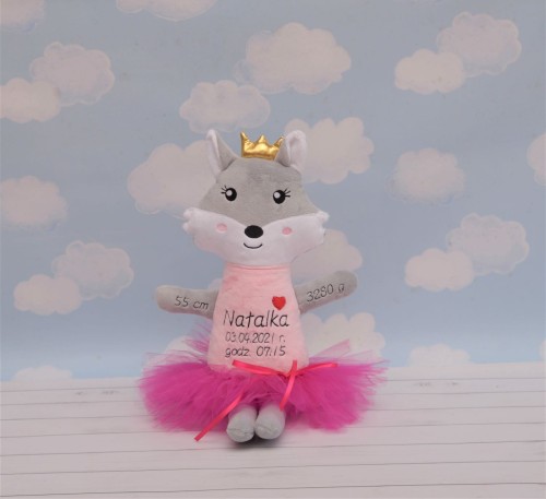 Dziewczynka Wilk - Metryczka wzrostu dziecka - urodziny, prezent, miś z haftem