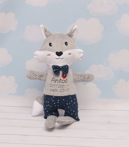 Chłopiec Wilk, Wilczek - Metryczka wzrostu dziecka  -  maskotka z haftem, pluszak z imieniem