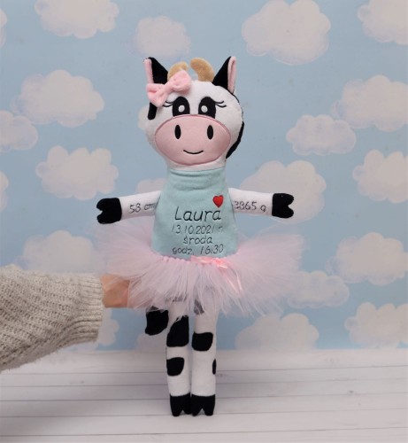 Metryczka Dziewczynka Krówka/Krowa - Pluszowa maskotka wzrostu dziecka, urodziny