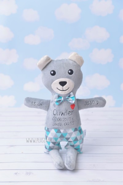 Szary Miś -  Metryczka wzrostu dziecka, maskotka z imieniem, miś z haftem 