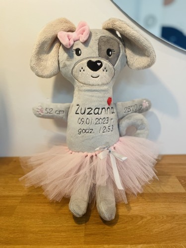  Pani Piesek - Metryczka wzrostu dziecka  - miś z haftem, pamiątka chrztu, prezent 