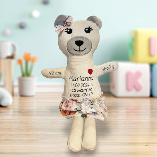 Kremowy Miś Dziewczynka - Metryczka wzrostu dziecka, pierwszy miś, miś z haftem